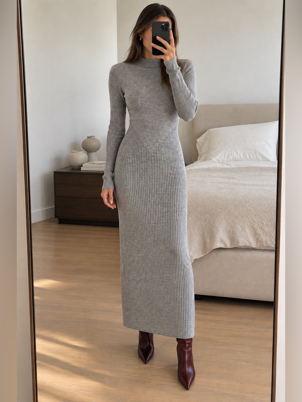 STAUD Ramona Heather Grey Ribbed Wool Blend Mock Neck Maxi Dress Size M BNWOT